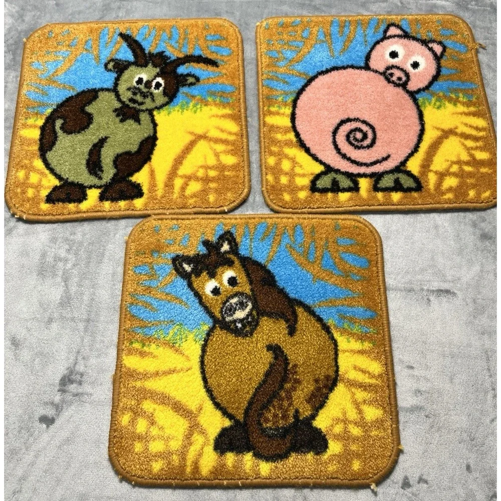 Vintage Retro Cartoon Animal Rugs Set of 7 Fox Duck Pig Bunny Horse Cow Chicken